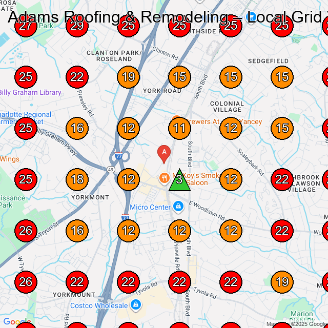 Adams Roofing & Remodeling GeoGrid visibility map for Roofing Contractor in Charlotte